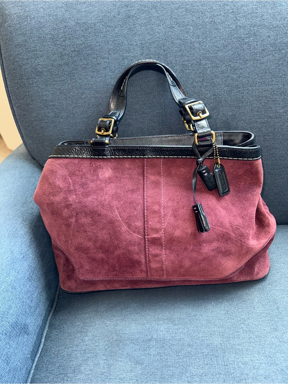 Coach Suede Hampton Tote Handbag in Burgundy with Black Trim Y2K